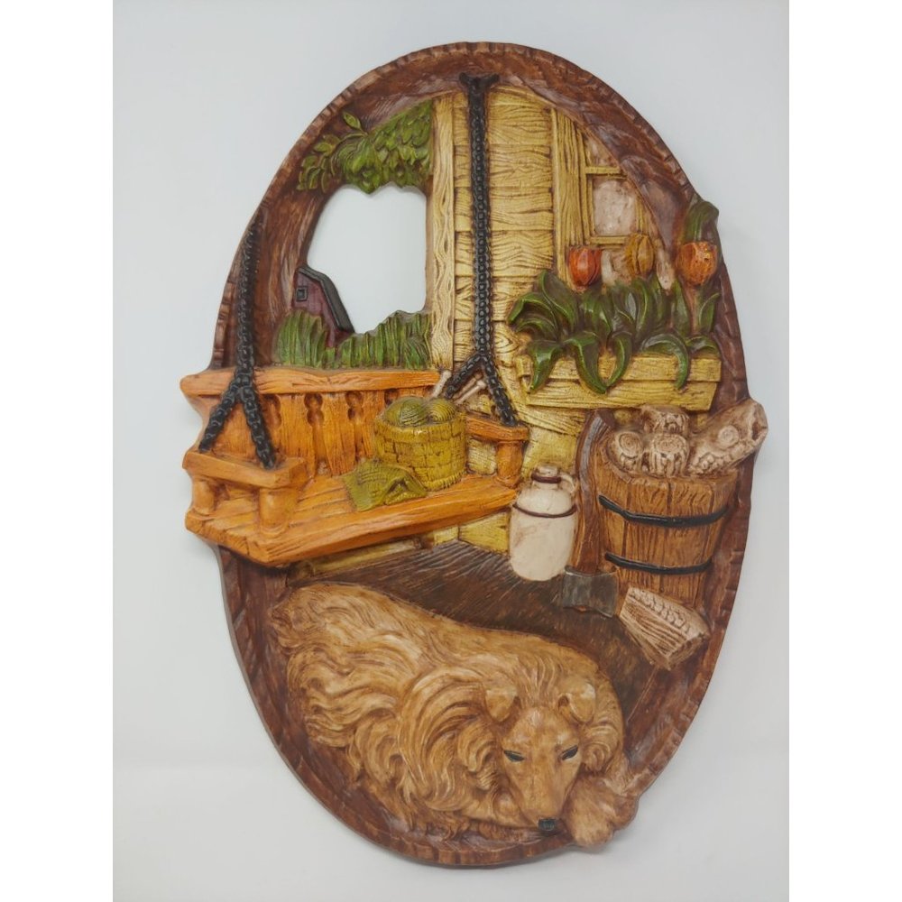 Vintage 1970s Ceramic Oval Rustic Scene of Collie on Farmhouse Porch